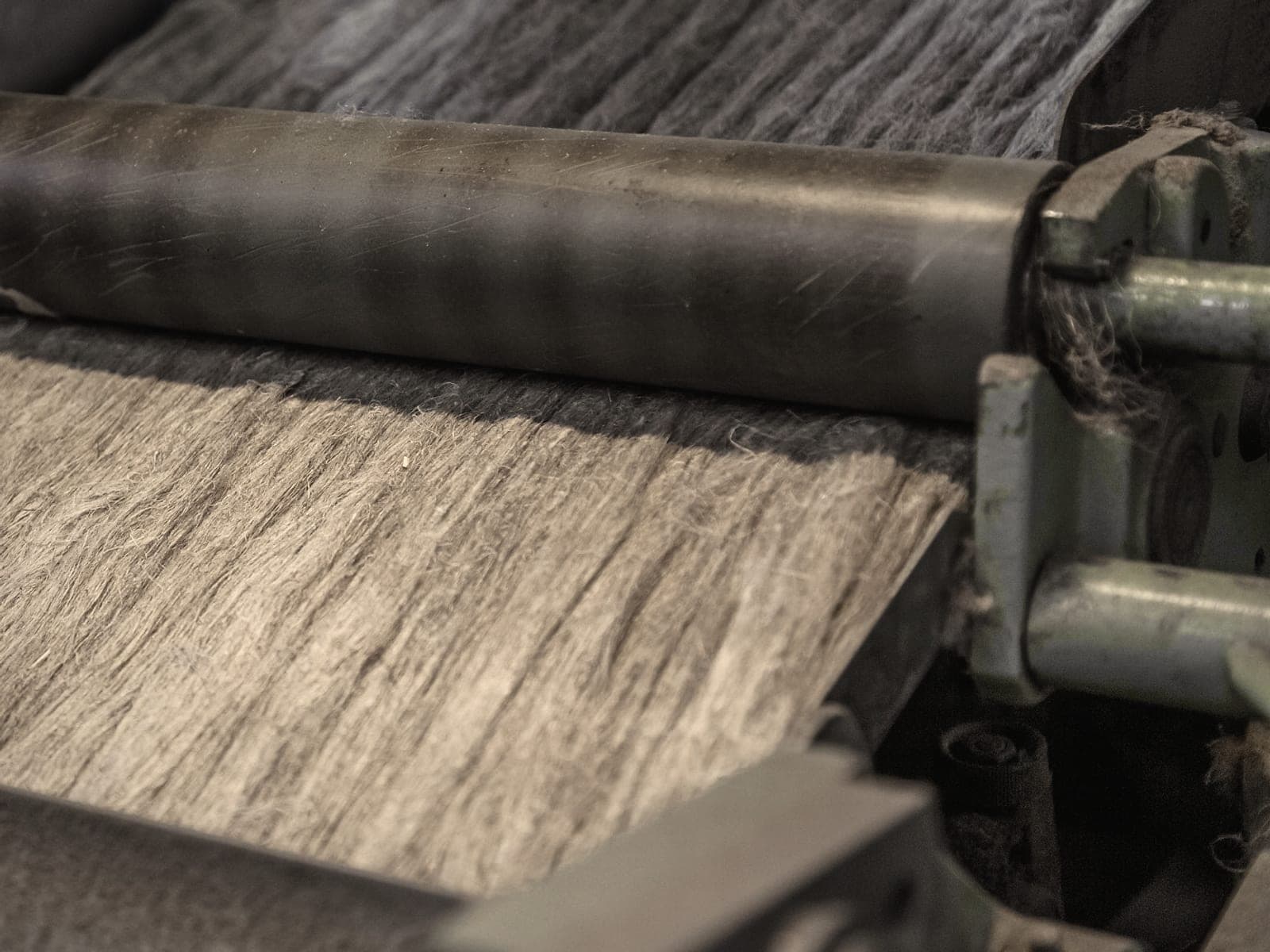 Combed flax fiber passing under a roller in a mill